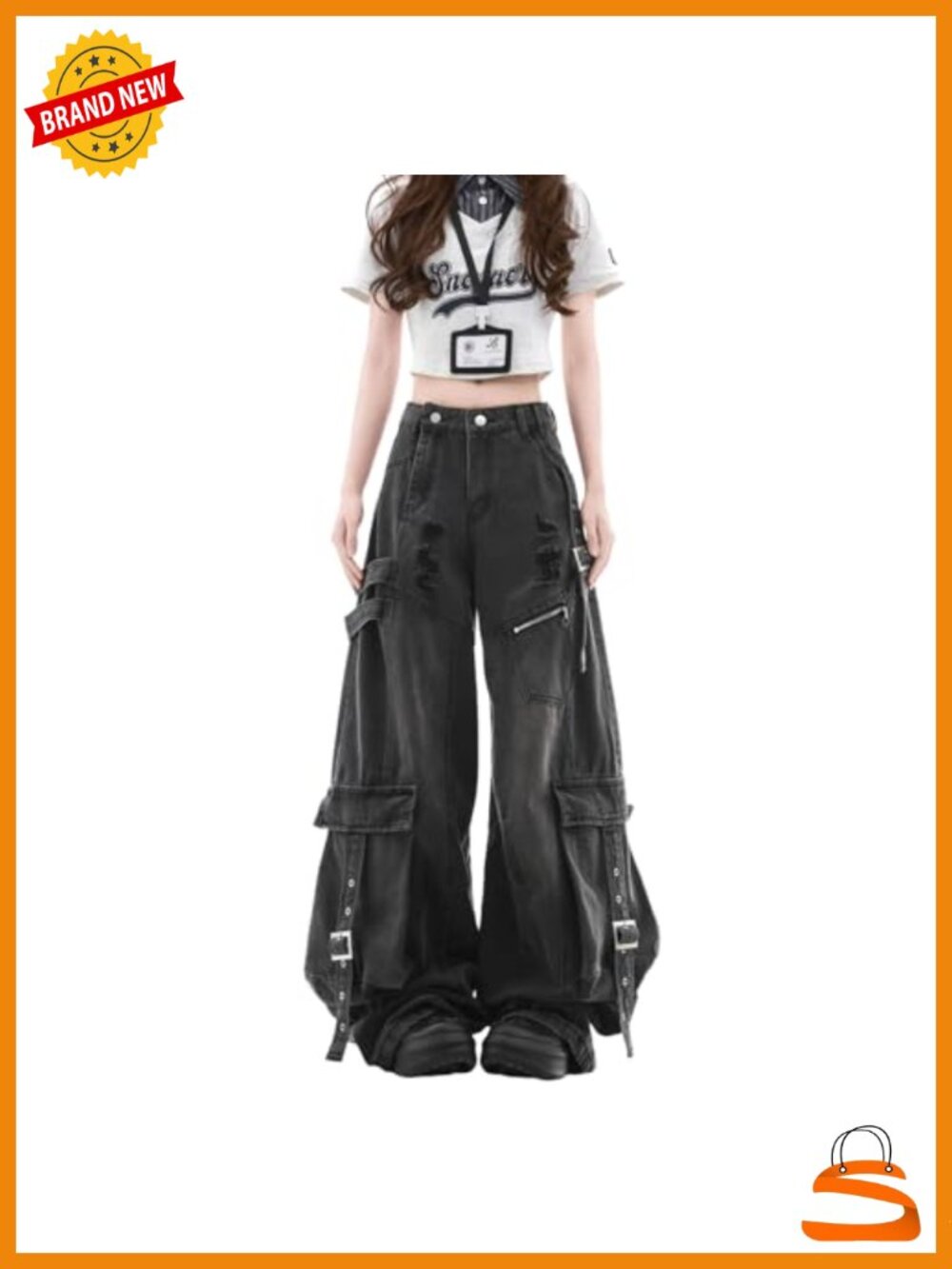 Y2K Baggy Cargo Jeans High Rise Ripped Wide Leg Streetwear with Straps